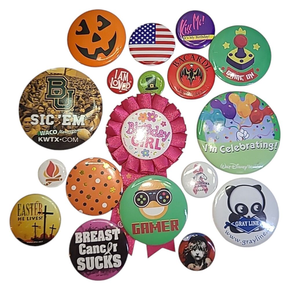 Lot of 18 Vintage-now Pin Back Buttons Holidays Bacardi Disney World
